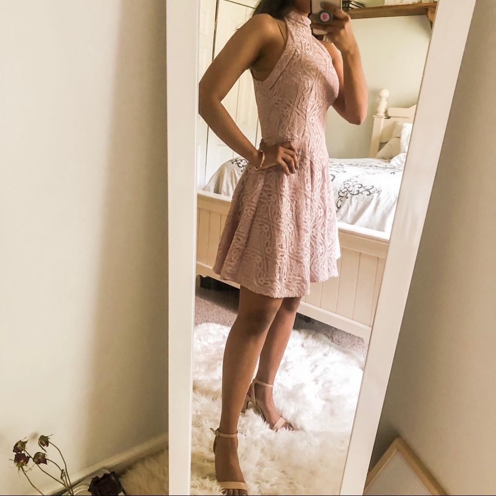 B. Darlin Mock Neck A-Line Pink Lace Dress